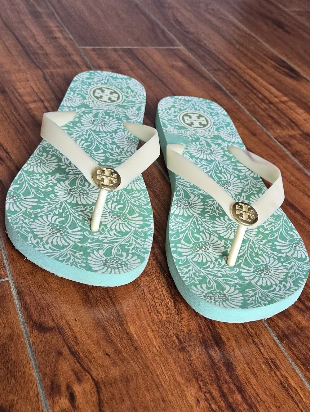 Tory Burch Logo Floral Green & Cream Flip Flops